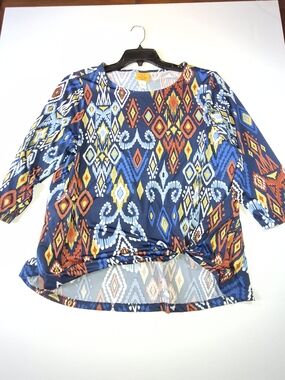 Ruby Rd. Navy Multicolor Geometric Knot-Front Tunic